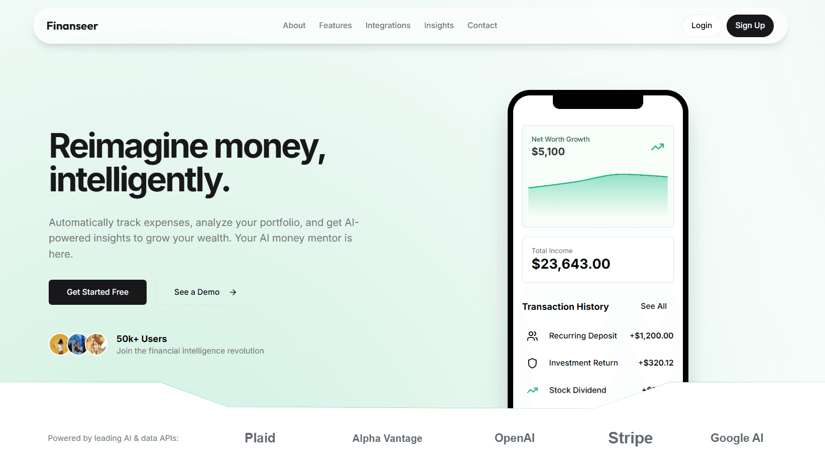 A website for a financial SaaS application called Finanseer